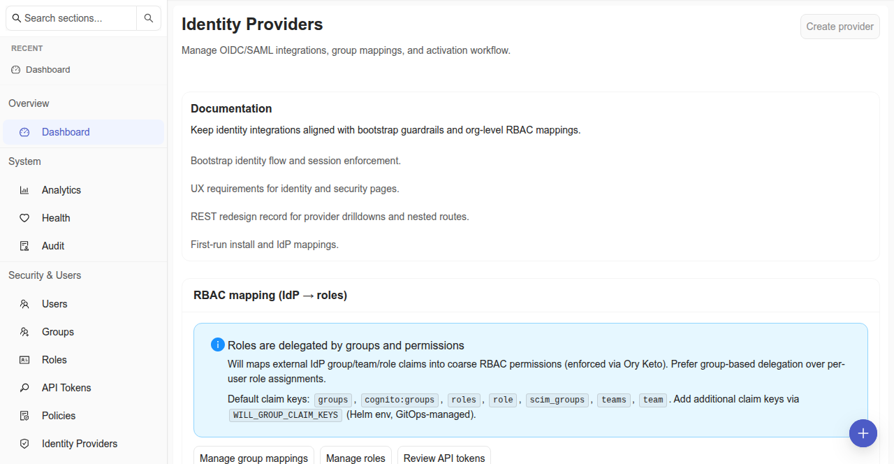 Will administration identity provider configuration