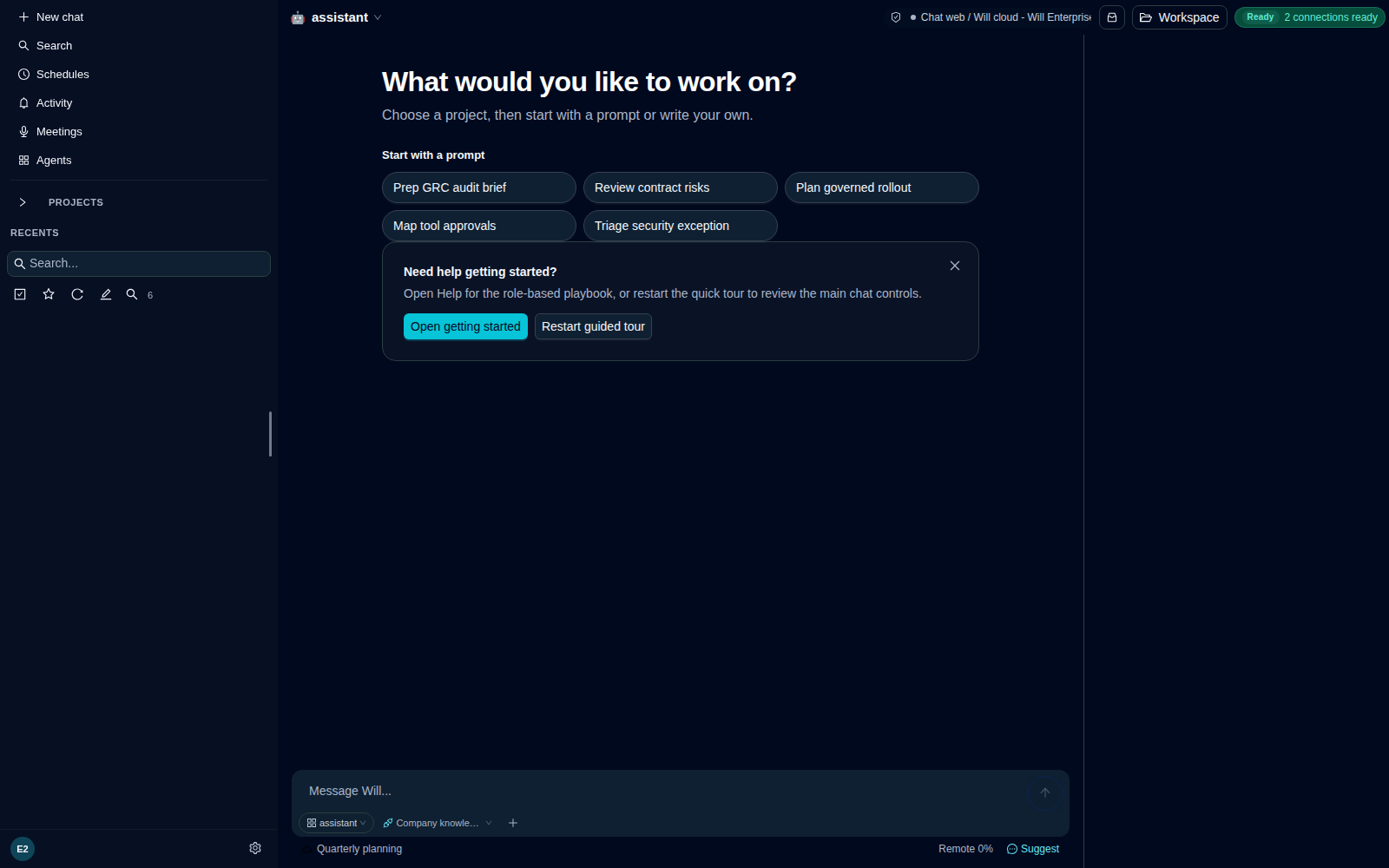 Will employee workspace with projects, role-aware prompts, and connected sources