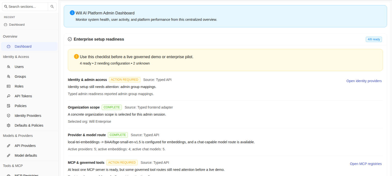 Will enterprise administration dashboard showing governance readiness
