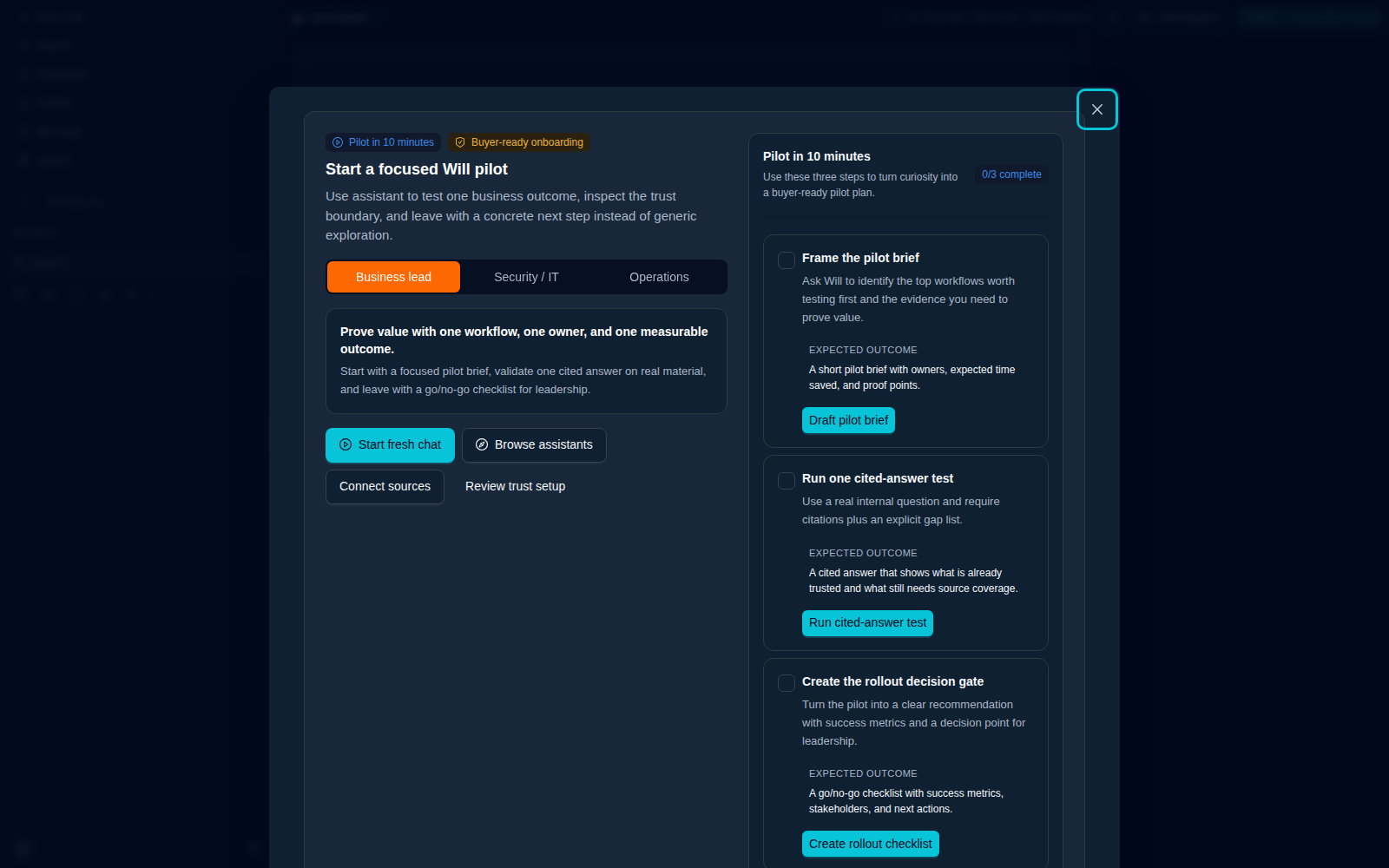 Will guided pilot workflow for business, security, and operations teams